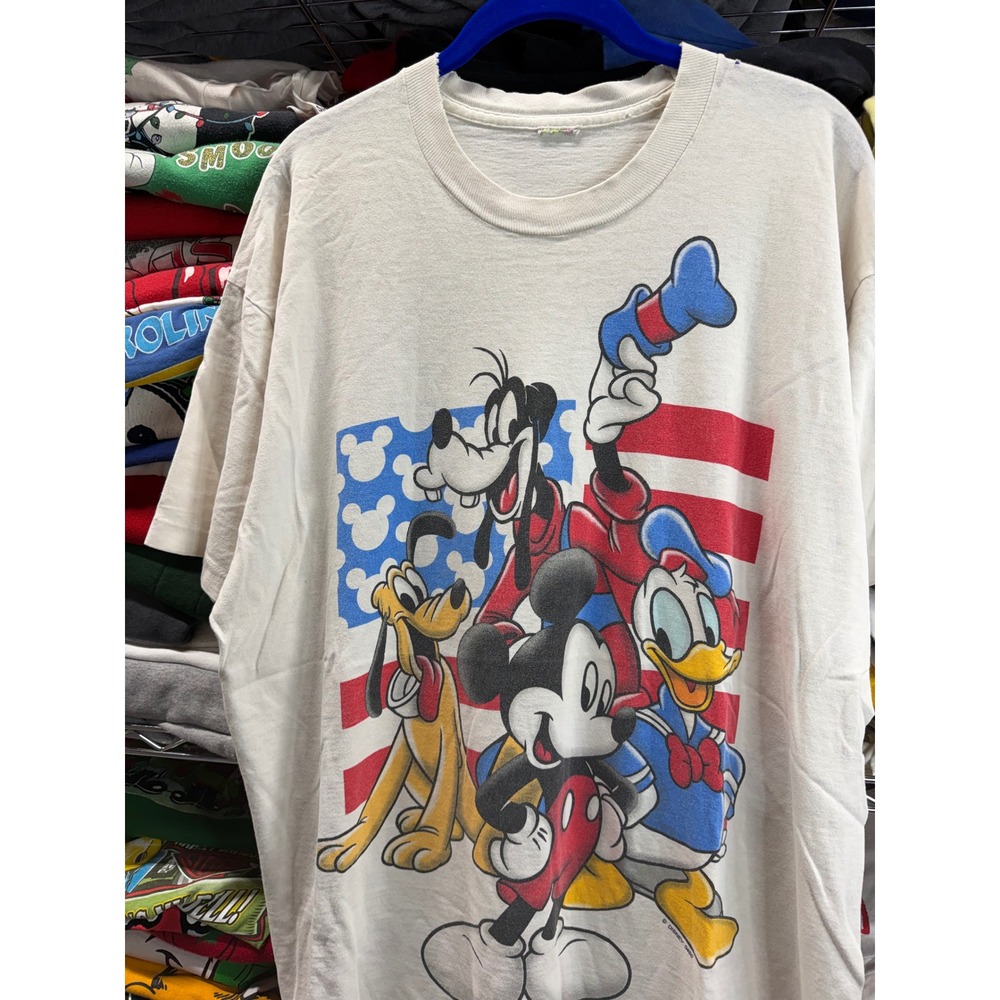 Vintage Disney Mickey Mouse Donald Duck Goofy American Flag T-Shirt Cream XL 90s